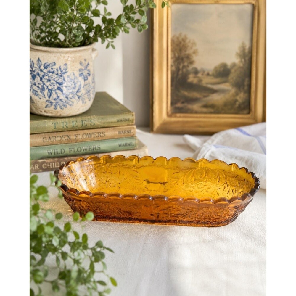 Vintage Decorative Amber Glass Scalloped Serving Dish